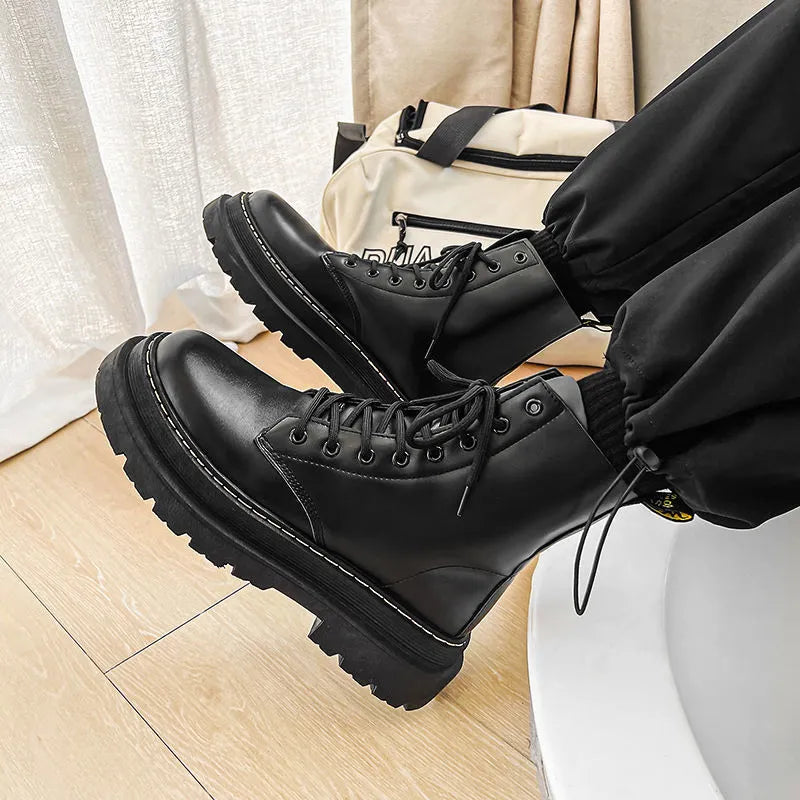 Men's black platform Doc Martens boots with rubber soles, cowhide frosted leather, high-top 8-hole design, and zipper closure.