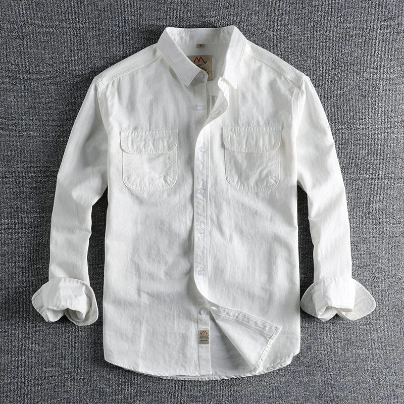 Men's retro British style cotton cardigan shirt in solid white or light blue with long sleeves