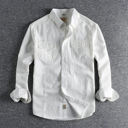 Men's retro British style cotton cardigan shirt in solid white or light blue with long sleeves