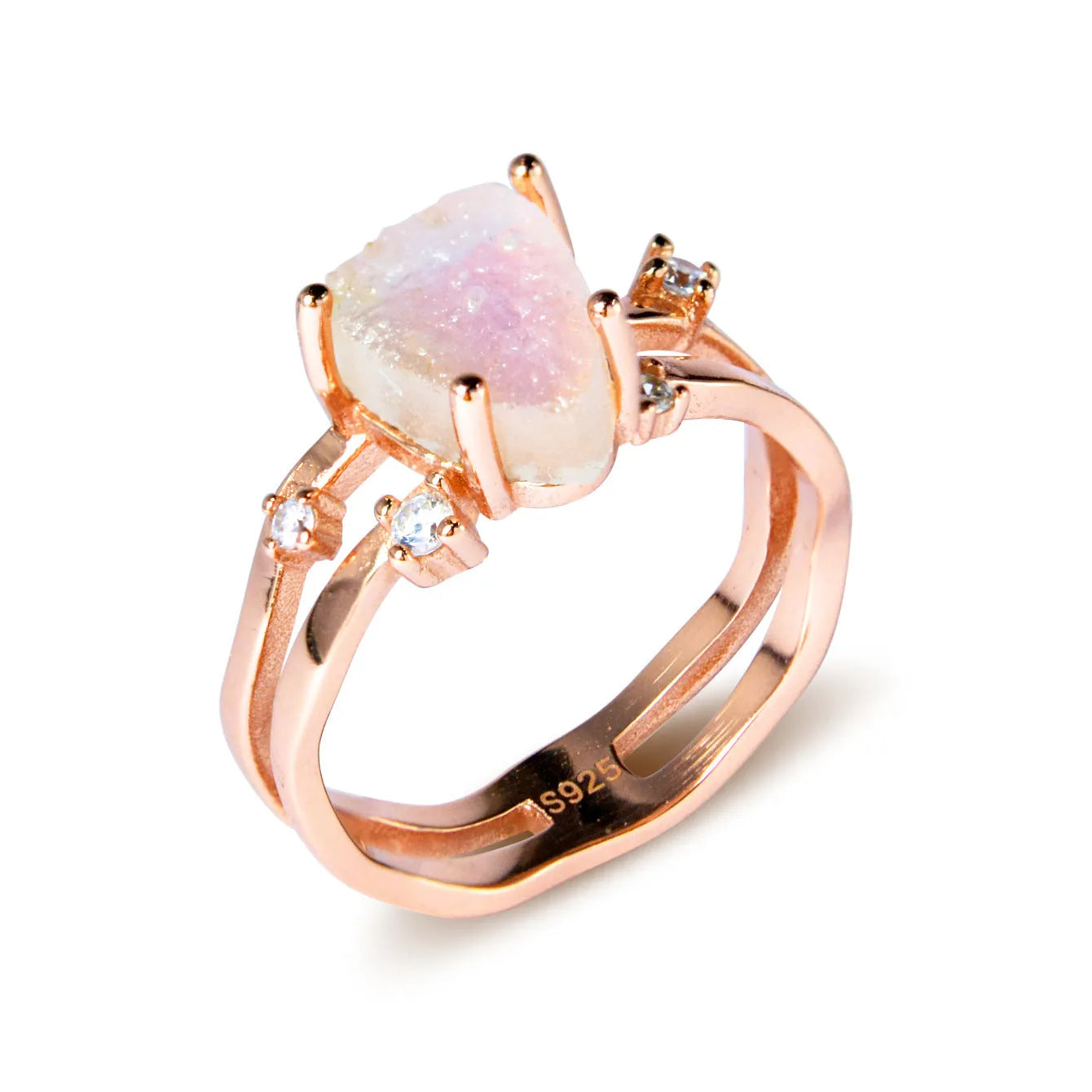 S925 sterling silver ring with an irregular triangular bezel holding a genuine cabochon moonstone, on a model's finger.