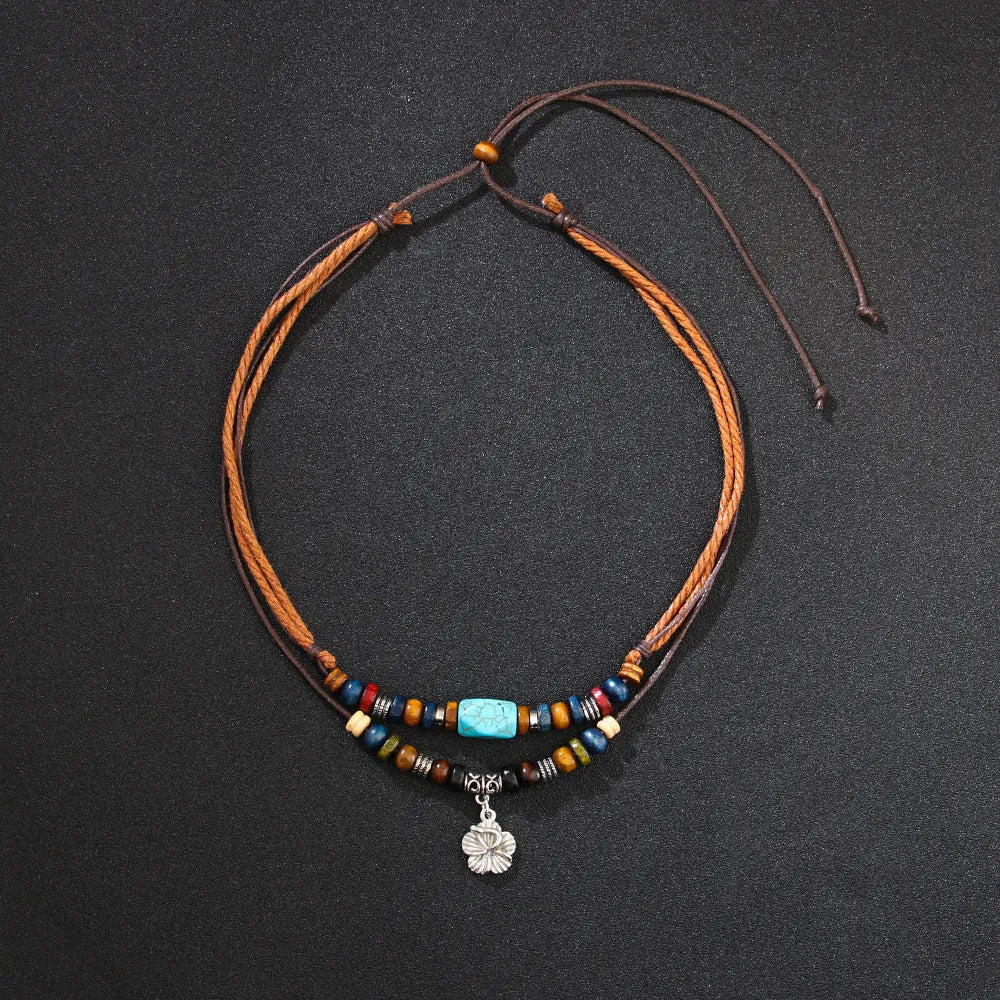 Men's wooden bead necklace with turquoise wax rope and alloy geometric flower pendant