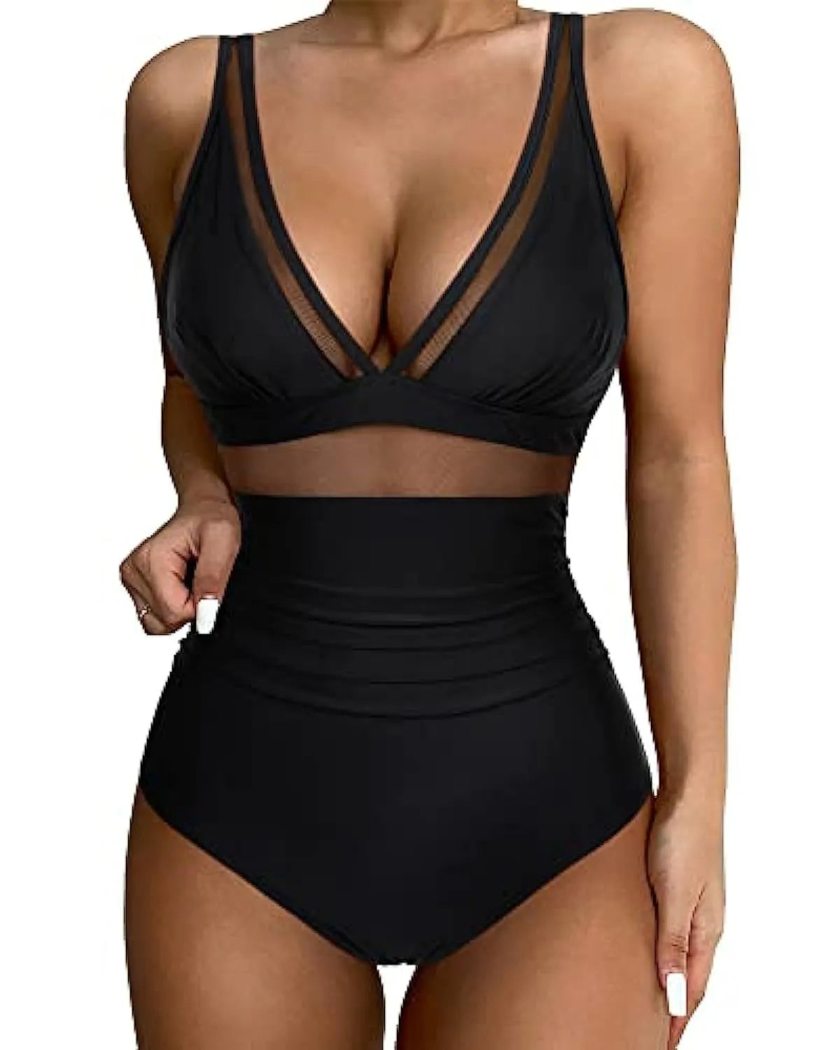 Women's high waist one-piece swimsuit in quick-dry polyester fabric, backless design