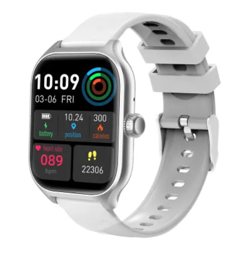 Bluetooth smart watch with touch screen display showing health metrics on silicone strap