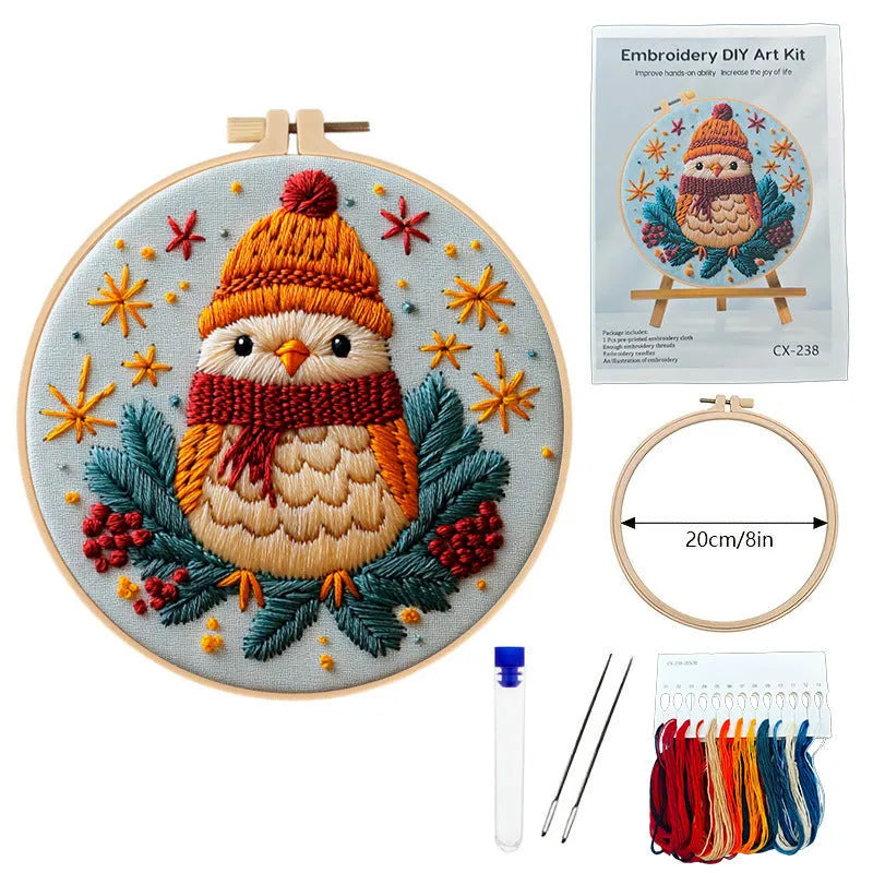 Christmas landscape embroidery DIY kit with 28x28cm cotton linen fabric and 20cm bamboo frame