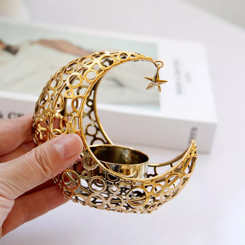 Crescent Moon Star Metal Candle Holder in black or gold, perfect for home decor