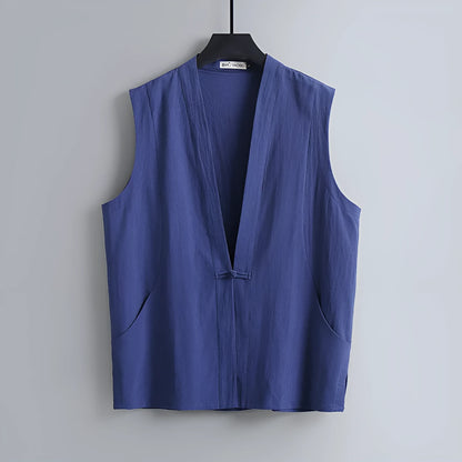 Men's light grey linen sleeveless vest with loose fit on hanger