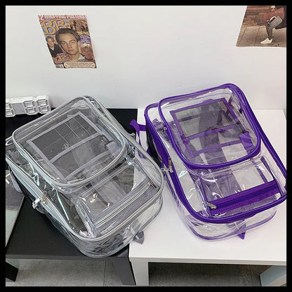 Transparent PVC waterproof backpack with a coloured inner voile bag, shown in various colours.
