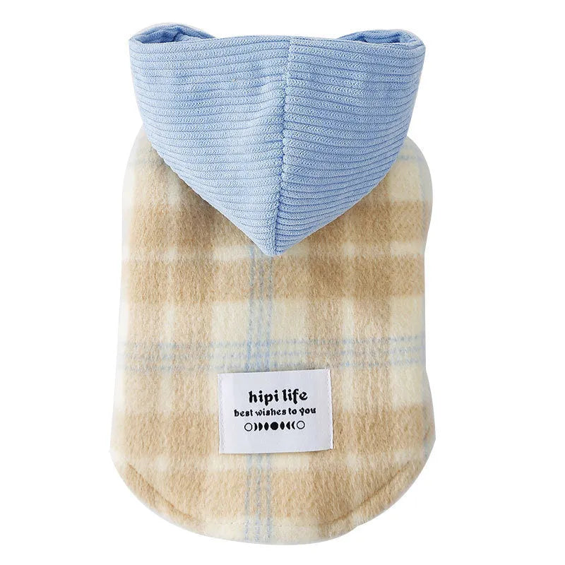 Blue corduroy chessboard grid pet hooded vest with traction hood for dog
