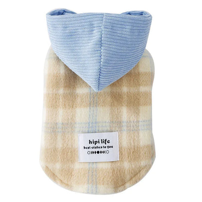Blue corduroy chessboard grid pet hooded vest with traction hood for dog