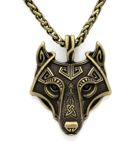 Norse Grey Wolf Head Titanium Steel Pendant Chain in silver and gold options