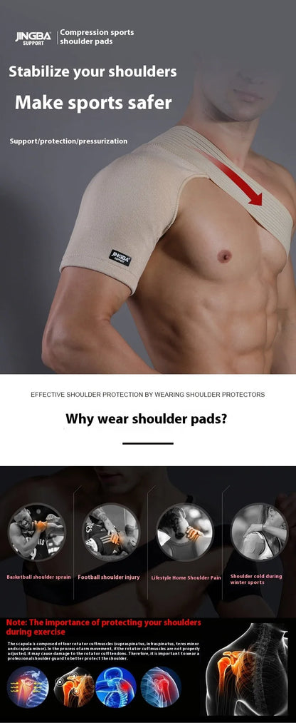 Adjustable skin-colour breathable shoulder support strap for sports like weightlifting and cycling.