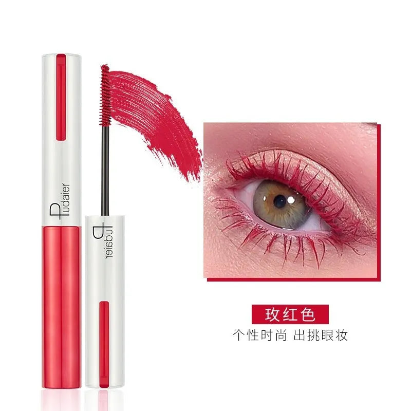 Black waterproof mascara tube with applicator showing curled lash effect