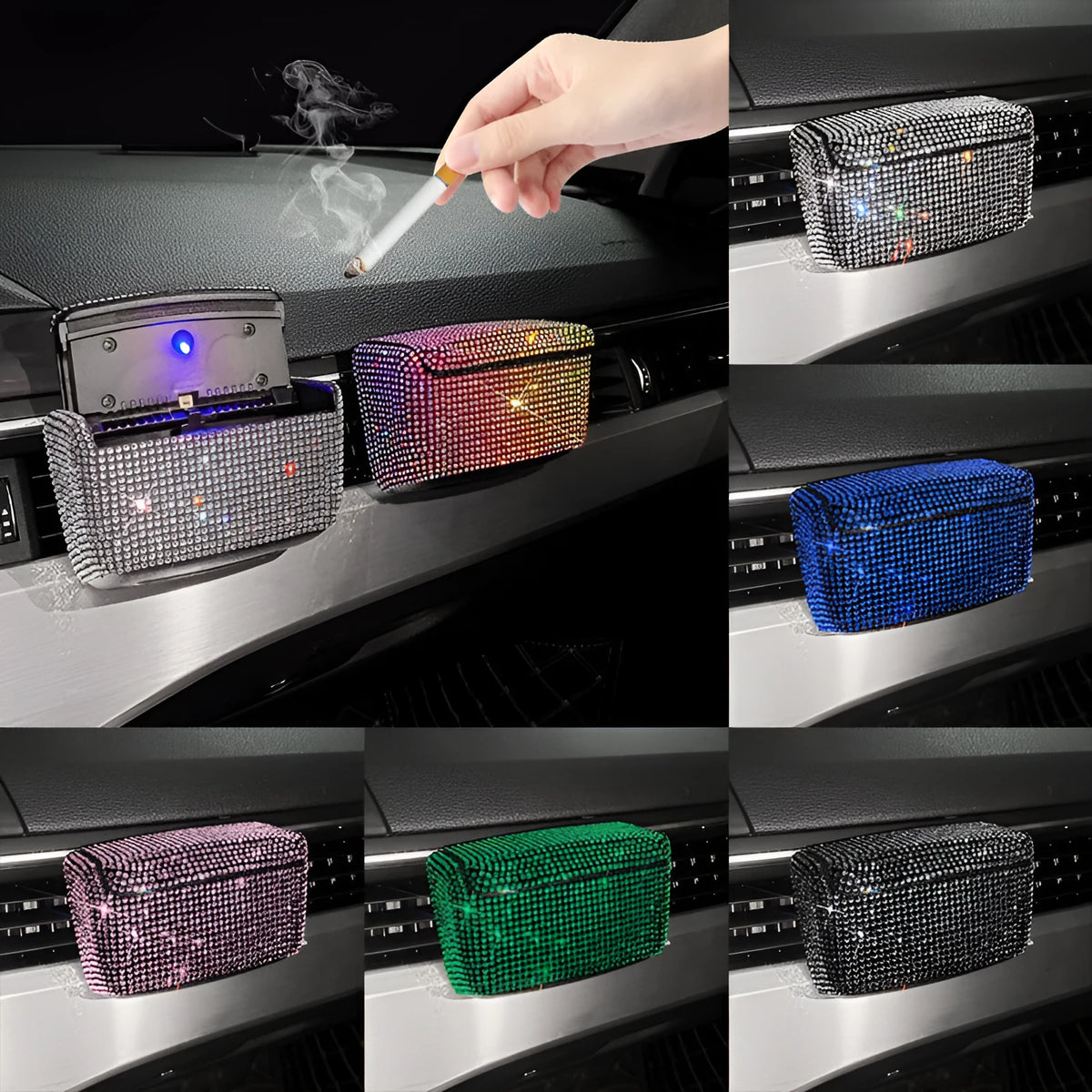 Full Diamond Series plastic car ashtray for air vent fitting in seven colour options