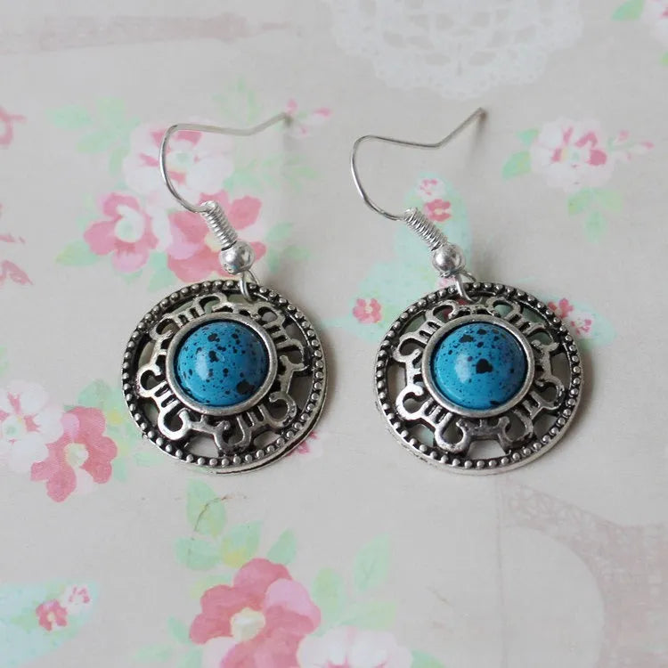 Handmade Miao silver turquoise earrings with geometry shape and totem patterns in black colour option