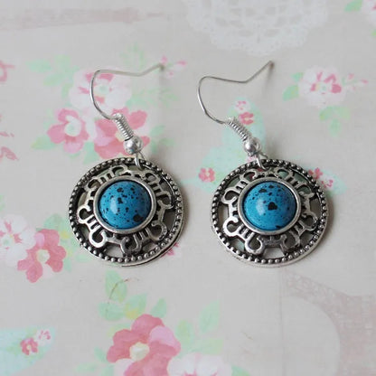 Handmade Miao silver turquoise earrings with geometry shape and totem patterns in black colour option