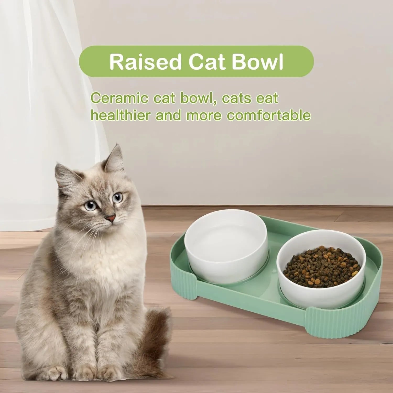 Green ceramic elevated cat bowl set with two tilted dishes on a stand with a spill-proof rim
