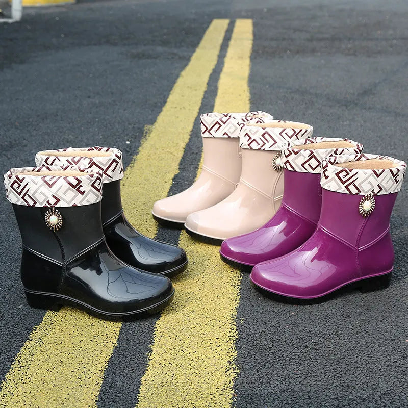 Fashion rain boots for women with non-slip sole and mid-calf height in purple, black, or beige, featuring a warm, thickened lining and made from durable PVC material in sizes 36 to 40