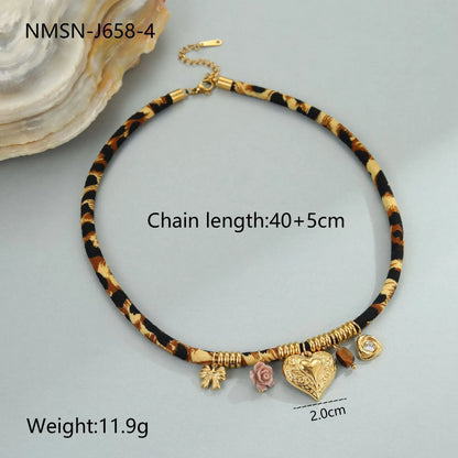 Stainless steel necklace with geometric leopard pendant on adjustable chain, 18K electroplated finish