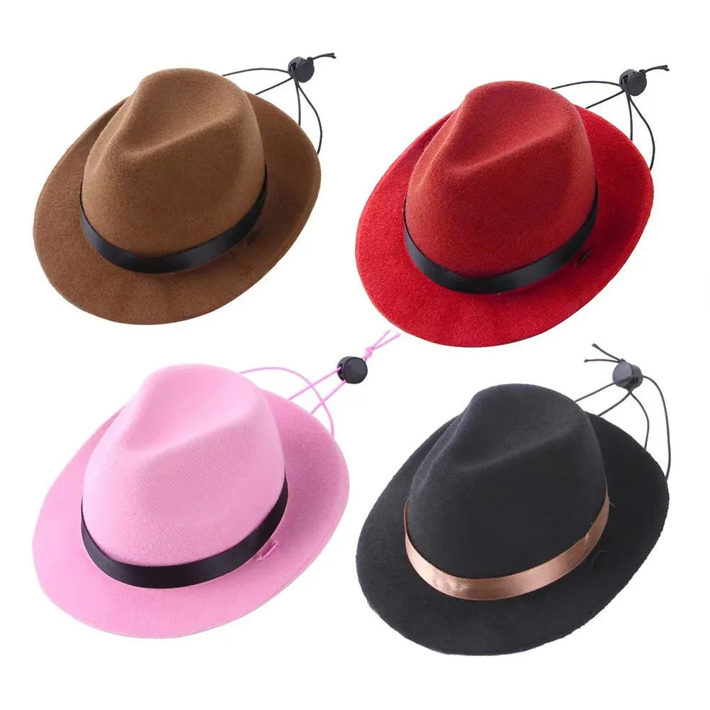 Hand-crafted wool felt mini pet hat in denim style with hairpin, shown in pink colour.