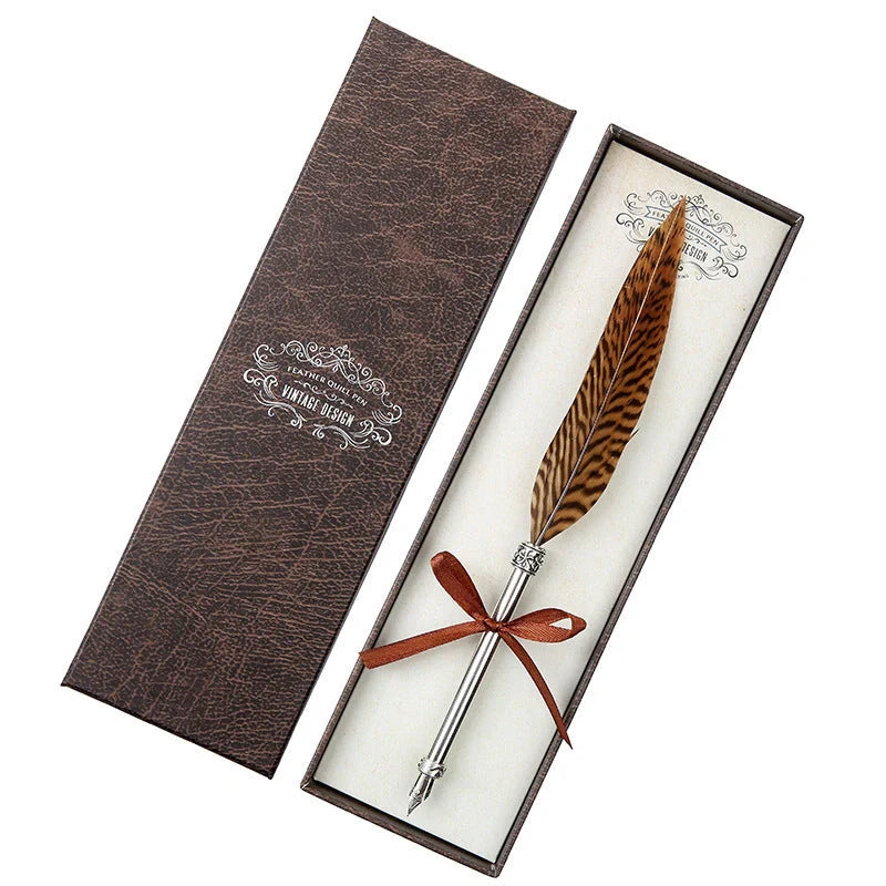 Elegant retro feather pen in a luxury gift box, featuring a sleek stainless steel casing and a stunning array of authentic feather designs.
