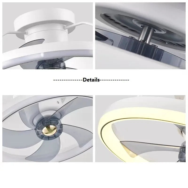 Modern white ceiling fan lamp with integrated light and PC plastic blades.