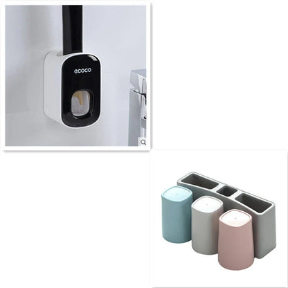 Wall-mounted automatic toothbrush holder with toothpaste dispenser and mouthwash cup for organized bathroom storage