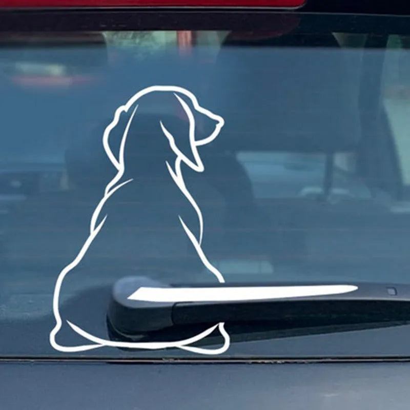 Cartoon dog rear wiper car sticker decal set showing black and white options with dimensions