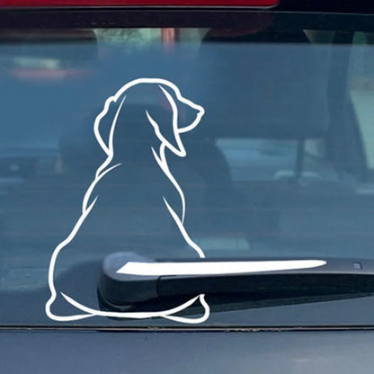 Cartoon dog rear wiper car sticker decal set showing black and white options with dimensions