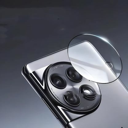 Tempered glass screen protector for OnePlus 12, Find N3, OnePlus 11 with large arc HD lens cutout and black ring.