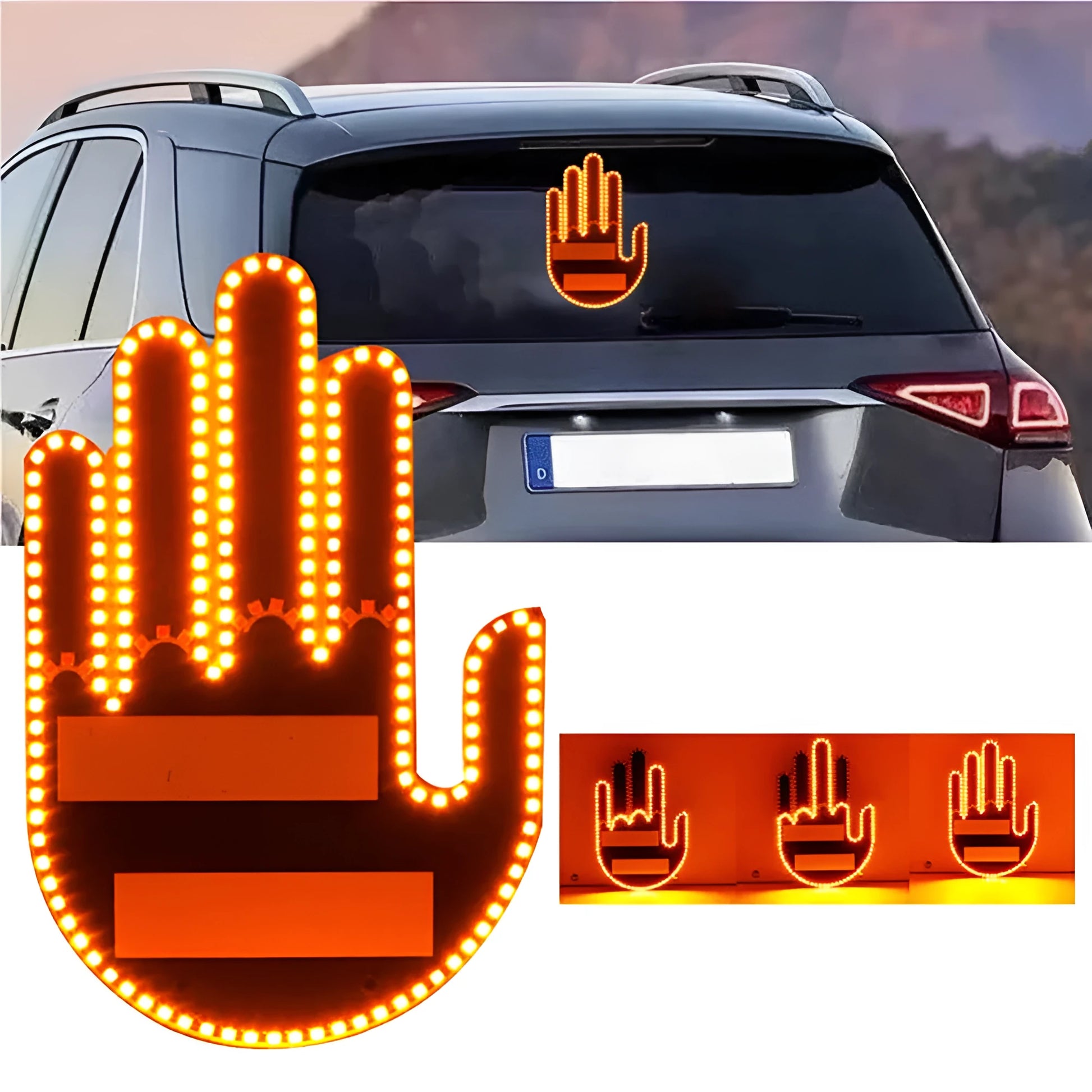 Black plastic LED gesture car light showing illuminated hand symbol, with remote control.