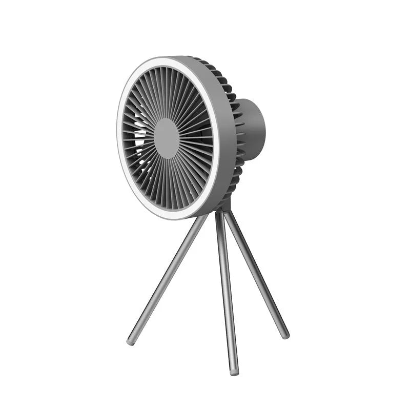 White camping fan mounted on aluminum tripod with Type-C charging cable