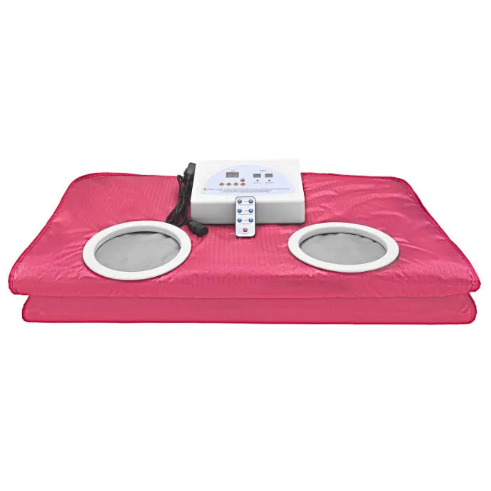 650W electric sauna blanket in grey, pink, or purple, with remote control, sleeves, and power cord.