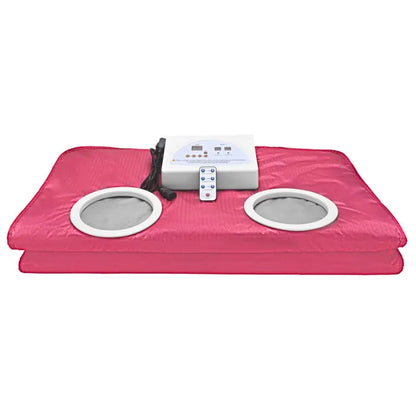 650W electric sauna blanket in grey, pink, or purple, with remote control, sleeves, and power cord.