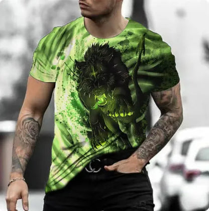 Retro-style men's short-sleeved T-shirt featuring a vibrant 3D animal graphic print on lightweight fabric.