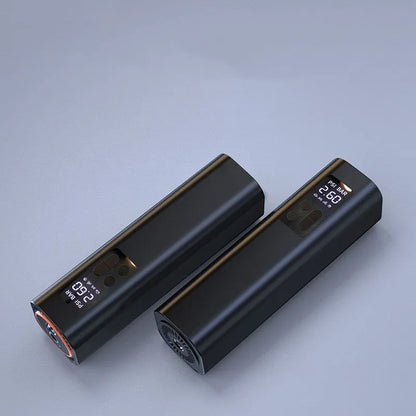 Black digital display car tyre inflator showing compact dimensions and 12V power connection