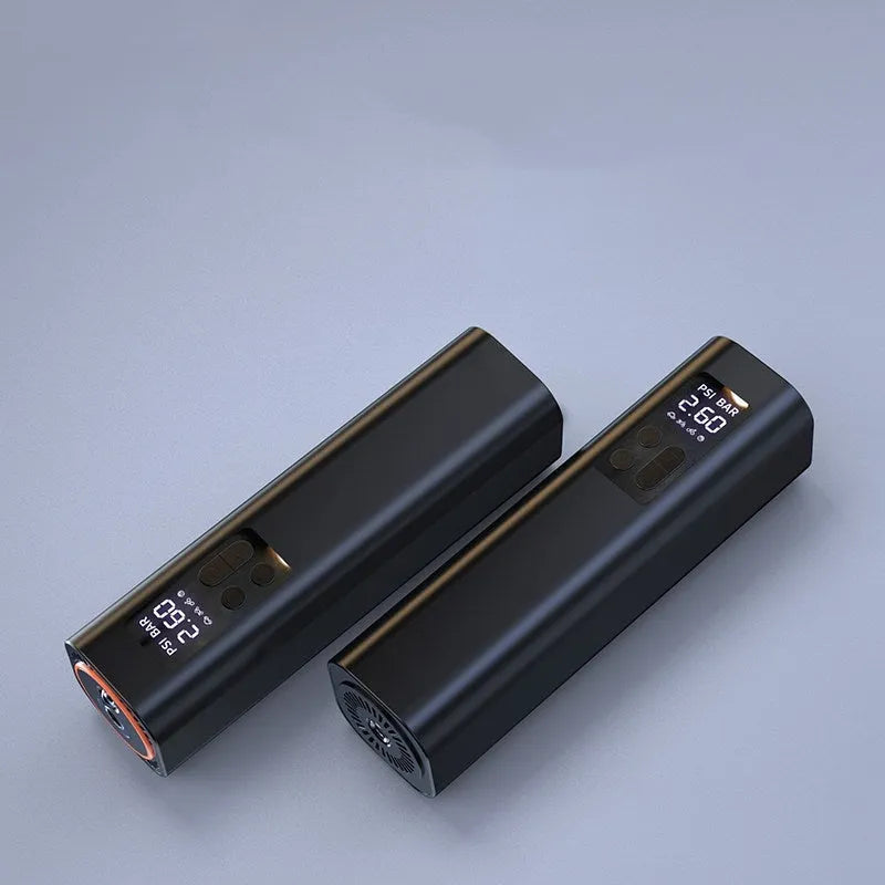 Super mini car digital display inflator with 12V power supply, ABS plastic construction, external power requirement, compact 169 x 46mm size, and black finish for precise tyre pressure measurement and inflation