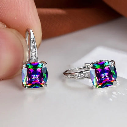 Square zircon inlaid geometric ear hooks in Korean style with electroplated finish