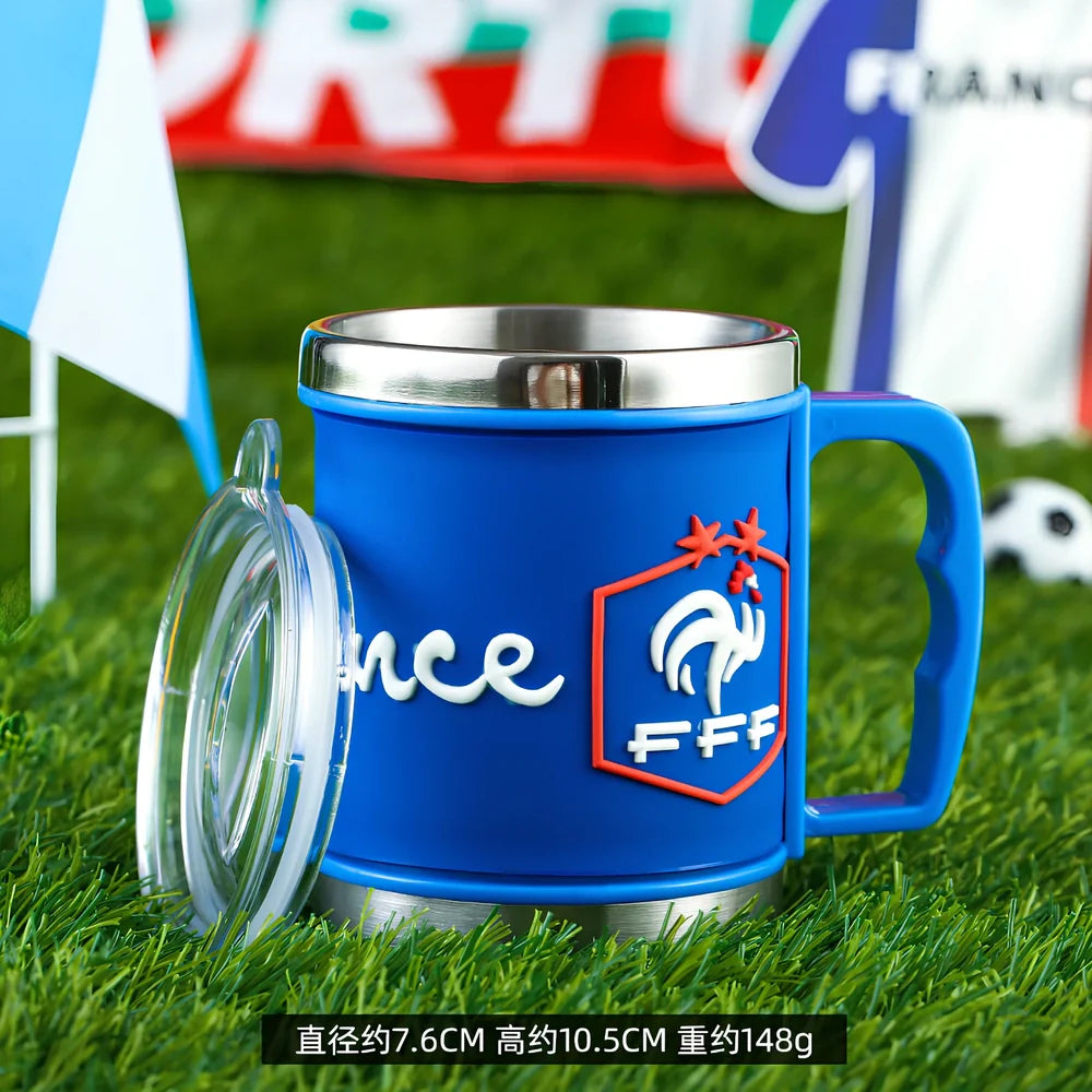 World Cup football mug with 7.6cm diameter and 10.5cm height in team colours