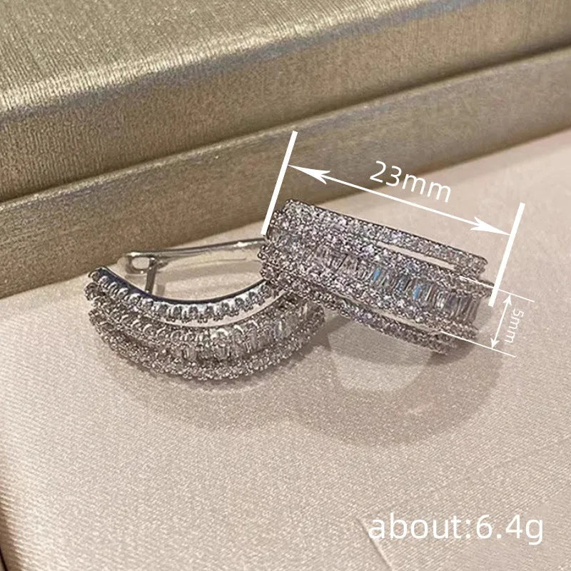 Women's white gold colour geometry stud earrings with inlaid zircon stones on copper setting