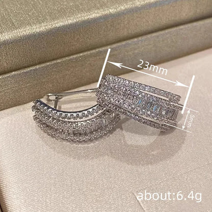 Women's white gold colour geometry stud earrings with inlaid zircon stones on copper setting