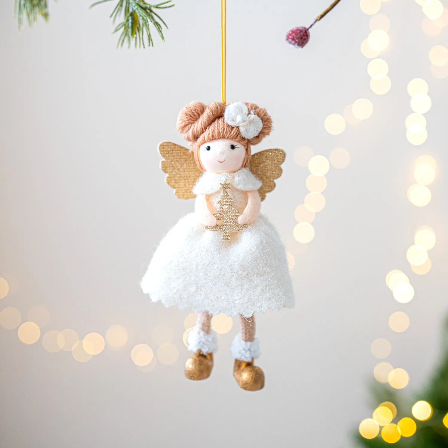 Pink and white cloth angel wings Christmas plush pendant decoration with hanging cord
