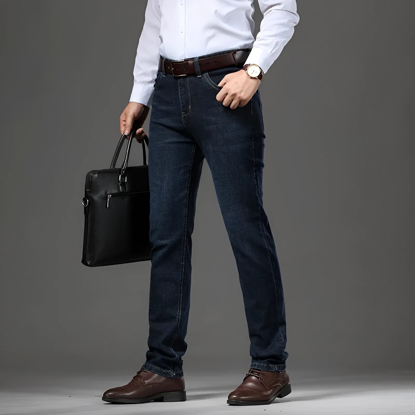 Men's straight-leg stretch jeans in black or blue denim with a zip fly, shown laid flat.