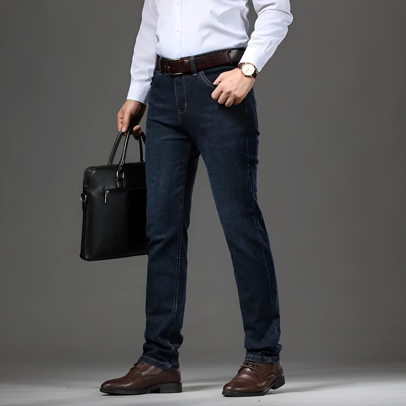 Men's straight-leg stretch jeans in black or blue denim with a zip fly, shown laid flat.