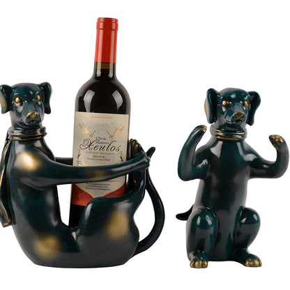 Handcrafted resin dog wine rack in sitting position measuring 23cm tall, storing wine bottle
