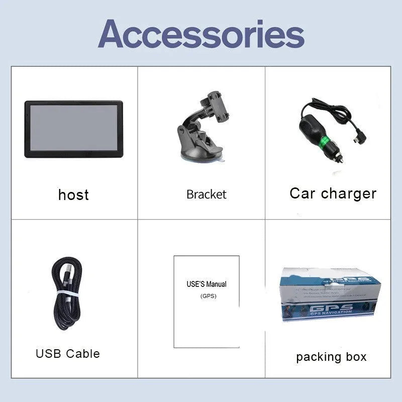 Black portable 7 inch car GPS navigation device with bracket and car charger on a dashboard.