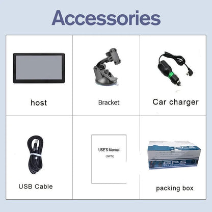Black portable 7 inch car GPS navigation device with bracket and car charger on a dashboard.