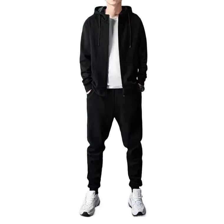 Men's cotton zip-up hoodie and long pants set in black or gray, casual spring tracksuit, sizes M to 4XL