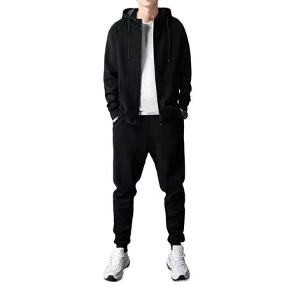 Men's cotton zip-up hoodie and long pants set in black or gray, casual spring tracksuit, sizes M to 4XL