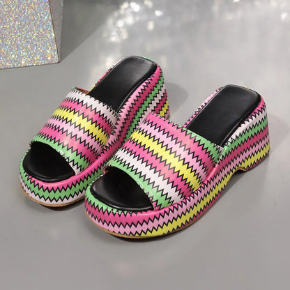 Women's beige wedges sandals with blue wave print, thick rubber sole, and fish mouth toe