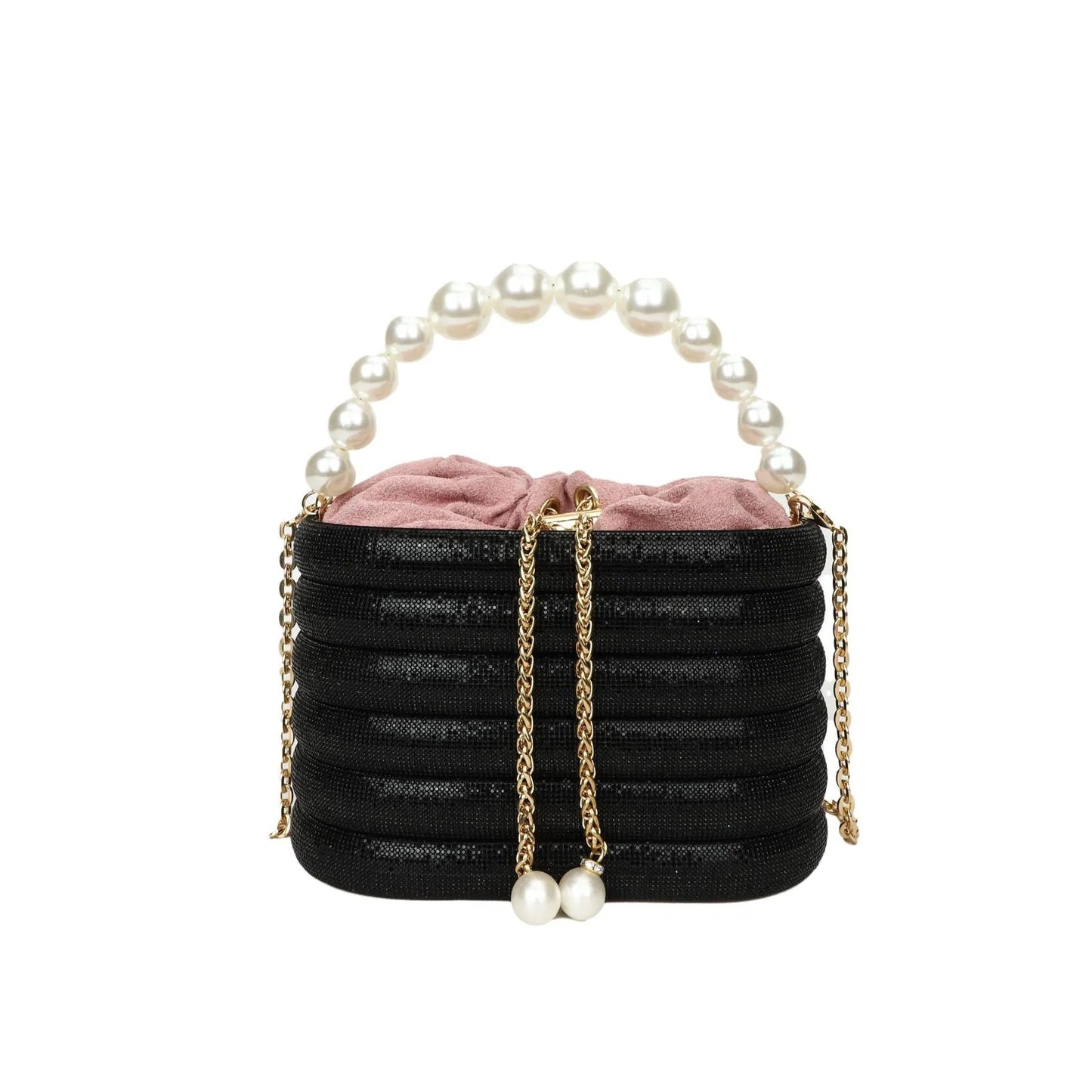 Women's one-shoulder crossbody bag with pearl beading, round shape, and internal zipper pocket in black colour